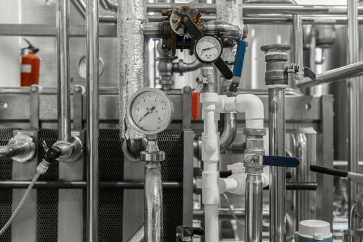 Industrial factory equipment with sensors and pneumatic components